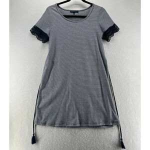 Love Ellie Dress Size S Striped Shift Tunic Lace Trim Tie Waist Black White